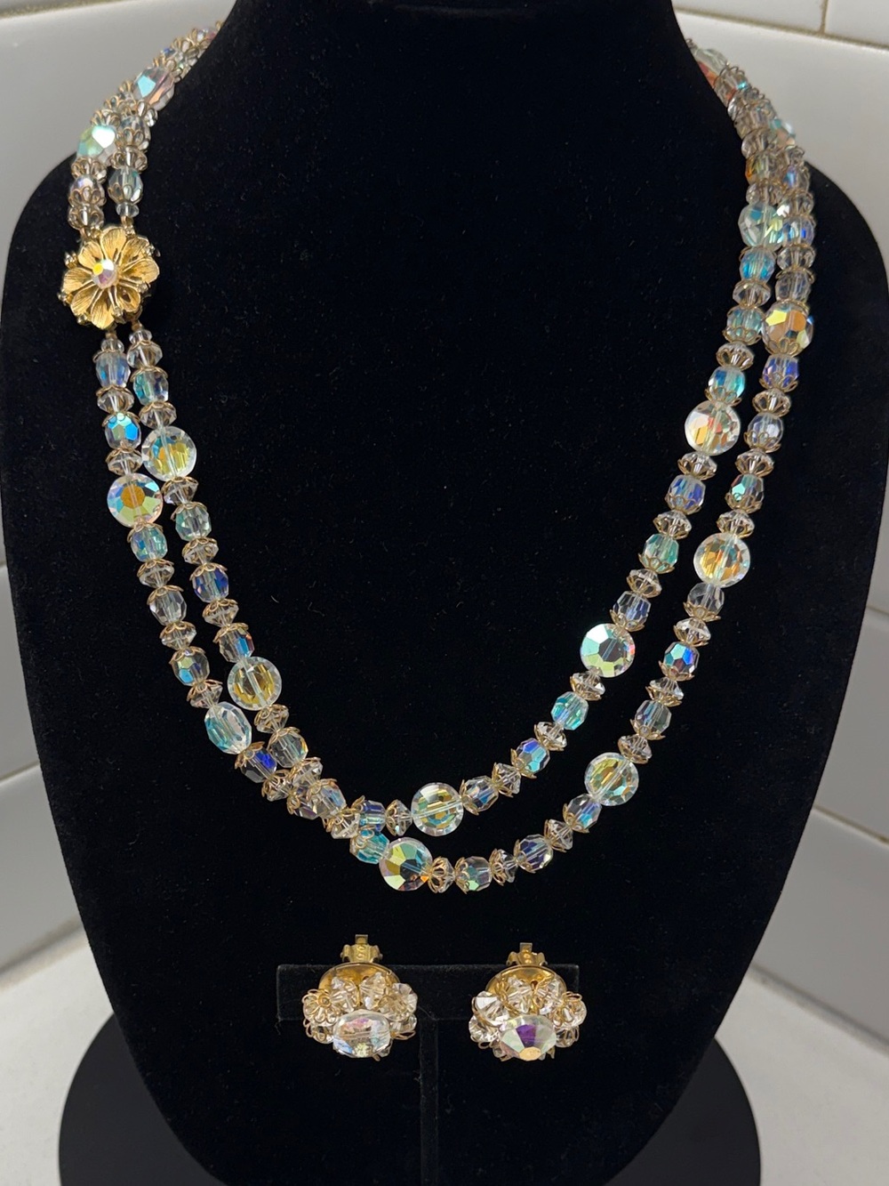 Aurora Crystal Two-Strand Necklace and Clip Earrings - Gold Accents